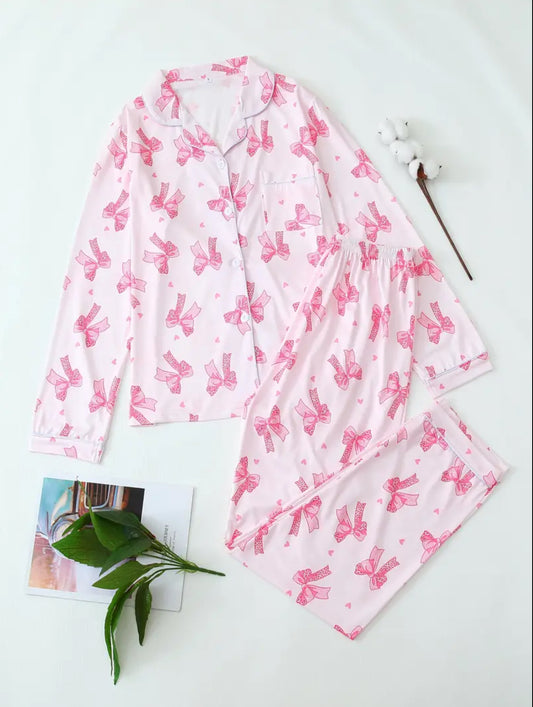 Pink leopard print bow collar pajama